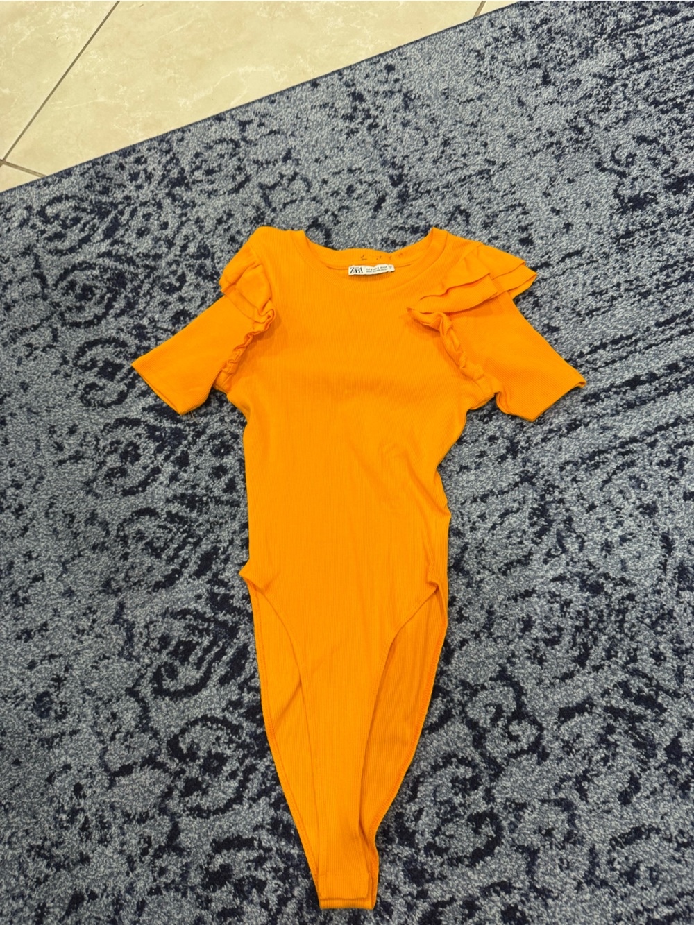 Zara Orange Ribbed Short-Sleeve Bodysuit